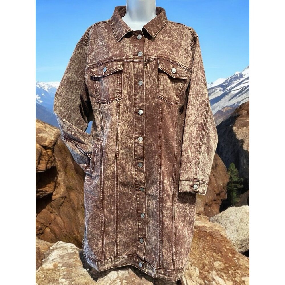 Thrill Women's Long Denim Jacket XL Dark Mauve Buttons Pockets Long Sleeve‎
